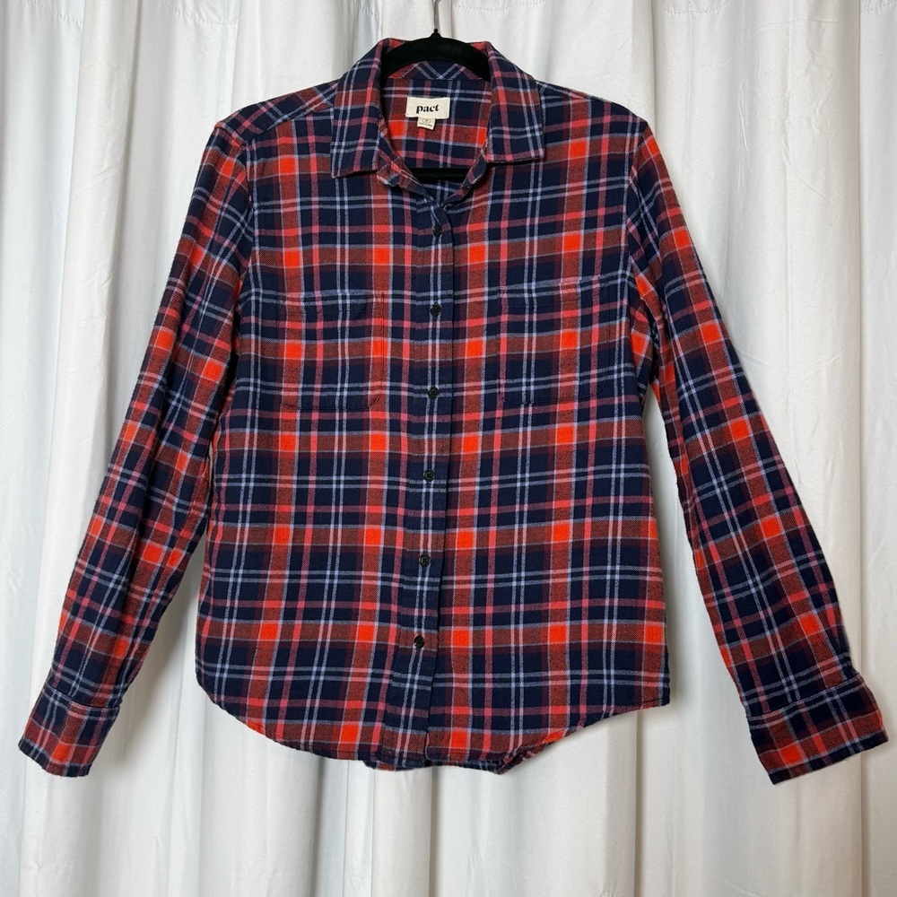 PACT Plaid Flannel Shirt Womens Medium Red Navy 100% Organic Cotton Button Up